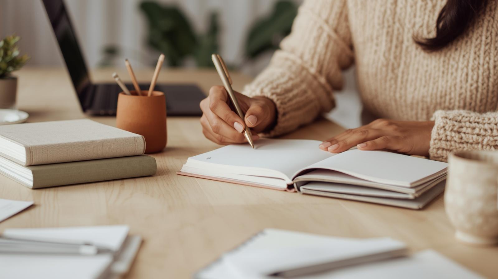 Mãos de mulher sobre caderno aberto em mesa de estudo organizada — estratégias práticas para dominar seus estudos