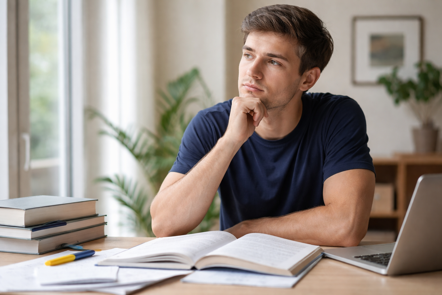 Estudante universitário refletindo sobre por que esquece o que estuda após horas de dedicação aos livros.