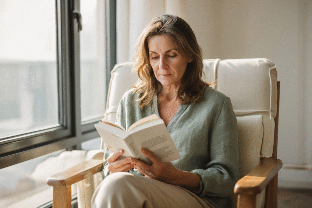 Mulher adulta lendo livro com atenção e presença em poltrona 
clara, com luz natural de janela ao fundo.