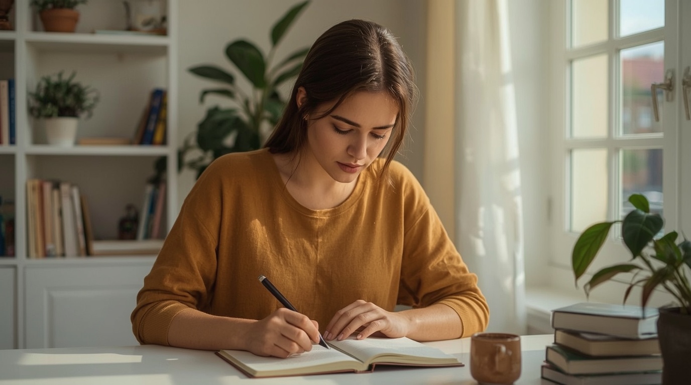 Mulher em mesa de estudo doméstica com livros e caderno — aprender de verdade com os 5 pilares da aprendizagem consciente