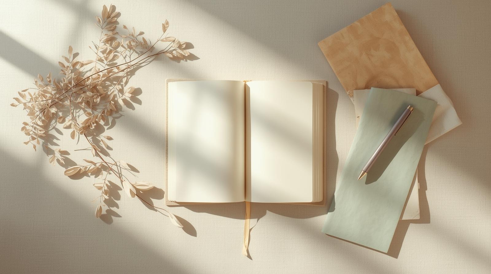 Vejo a imagem. Deixa eu analisar com cuidado antes de confirmar ou ajustar os textos. O que a imagem mostra: — Caderno aberto com páginas em branco, visto levemente em ângulo (não exatamente overhead, mas próximo) — Ramos florais secos bege/dourado no canto superior esquerdo — elegantes, delicados — Dois ou três papéis/cadernos empilhados em tom verde sage suave — Uma caneta/lápis pousado sobre eles — Superfície clara, quase branca/marfim com sombras suaves diagonais — Sem tecido ✅ — Paleta: bege, marfim, verde sage suave, dourado seco ✅ A imagem está alinhada com a paleta oficial e sem o tecido. Funciona bem como capa do Artigo 32. Textos revisados e ajustados para esta imagem específica Alt text (descritivo, para acessibilidade e SEO): caderno aberto com papéis, caneta e ramos secos sobre mesa clara — aprender a estudar de verdade