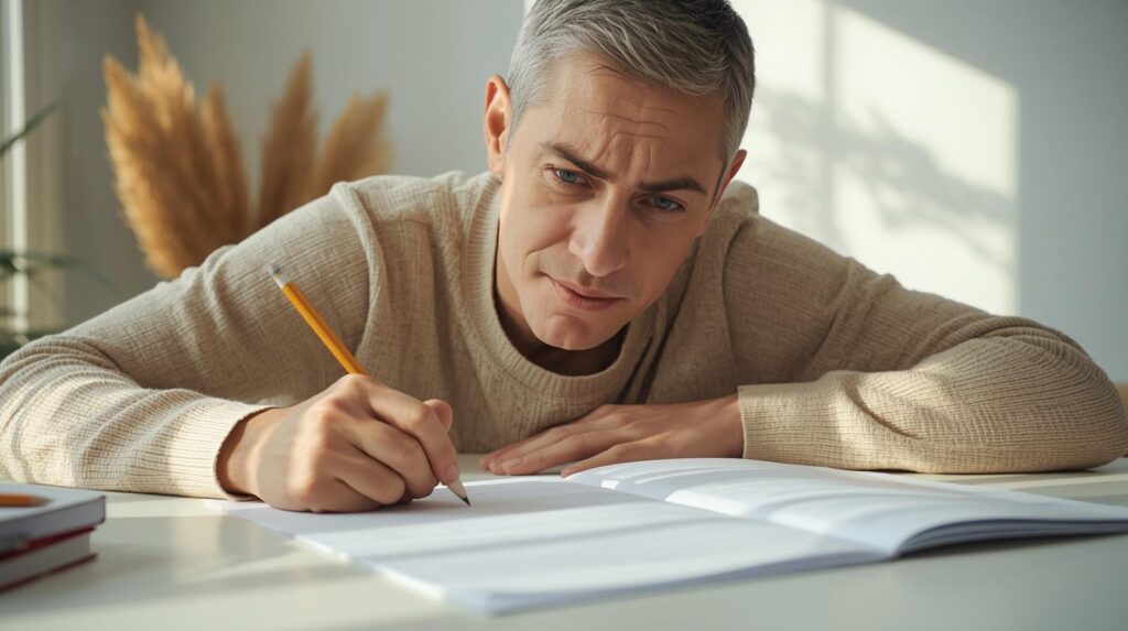 Homem adulto debruçado sobre caderno aberto com lápis na mão, expressão concentrada e curiosa, em mesa de estudo com luz natural suave.