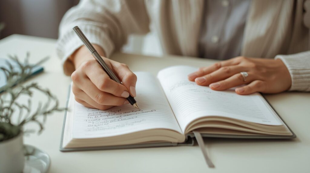 Mãos femininas adultas escrevendo em caderno aberto sobre mesa clara, com planta ao fundo desfocada, em ambiente de estudo com luz natural suave.