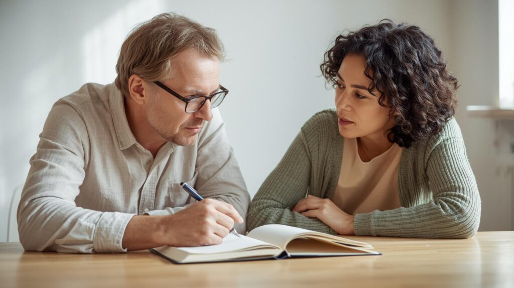 Duas pessoas adultas em conversa colaborativa sobre caderno aberto, homem com óculos escrevendo enquanto mulher de cardigan verde-sálvia ouve com atenção e expressão receptiva.