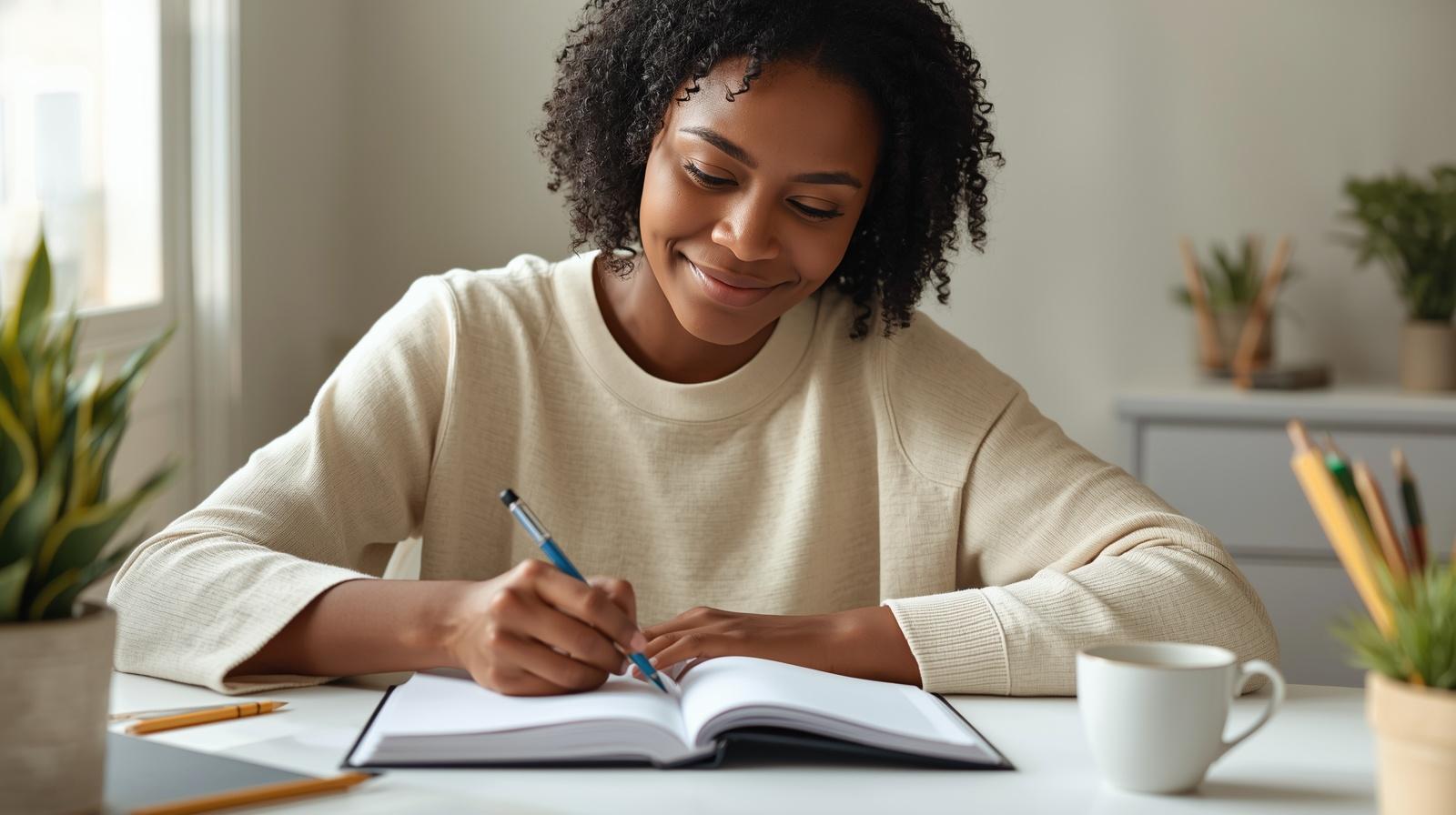Mulher adulta sorrindo enquanto escreve em caderno aberto sobre mesa de estudo, com xícara de chá e lápis ao lado, em ambiente claro e acolhedor.