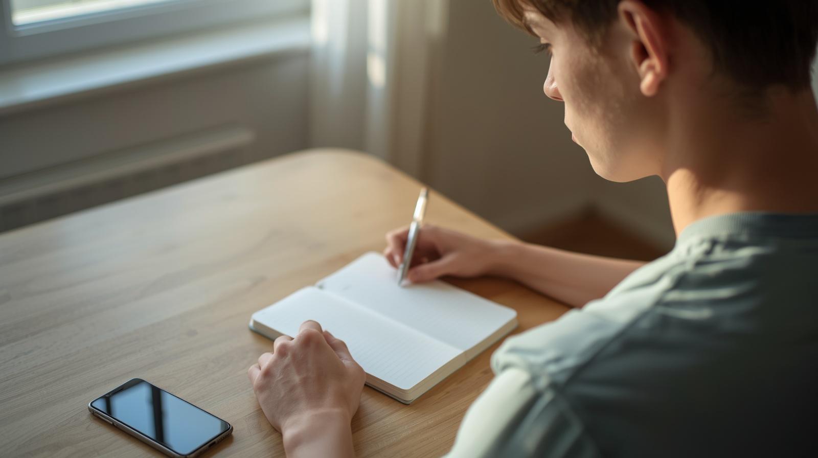 jovem adulto escrevendo em caderno em branco com luz natural, representando foco e organização no estudo