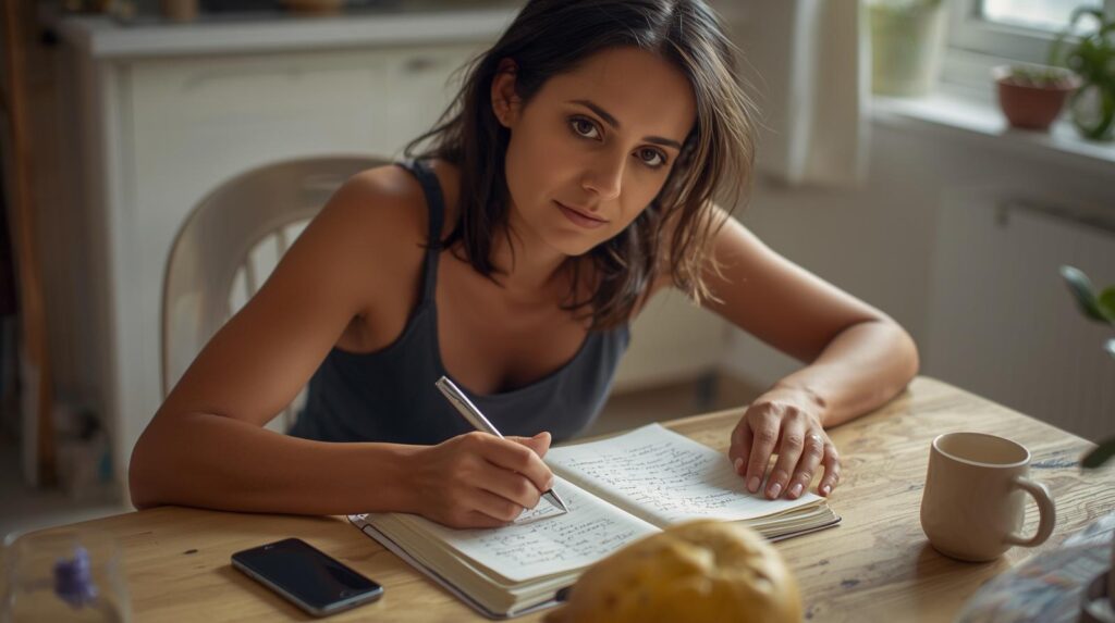 Mulher adulta estudando em mesa doméstica com caderno aberto — aprender na vida adulta no espaço que a vida permite