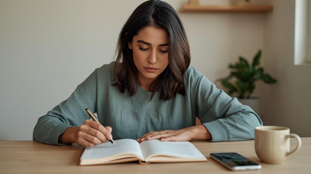 Mulher adulta com livro e caderno abertos em mesa doméstica — aprender na vida adulta com presença e calma