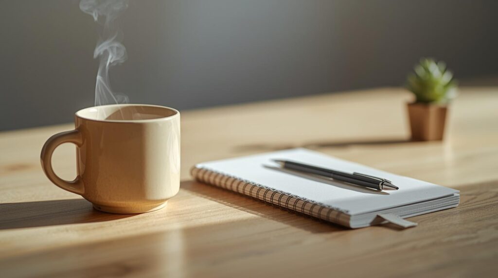 Xícara, caderno fechado e caneta sobre mesa doméstica — ritual de entrada no estudo para quem aprende na vida adulta