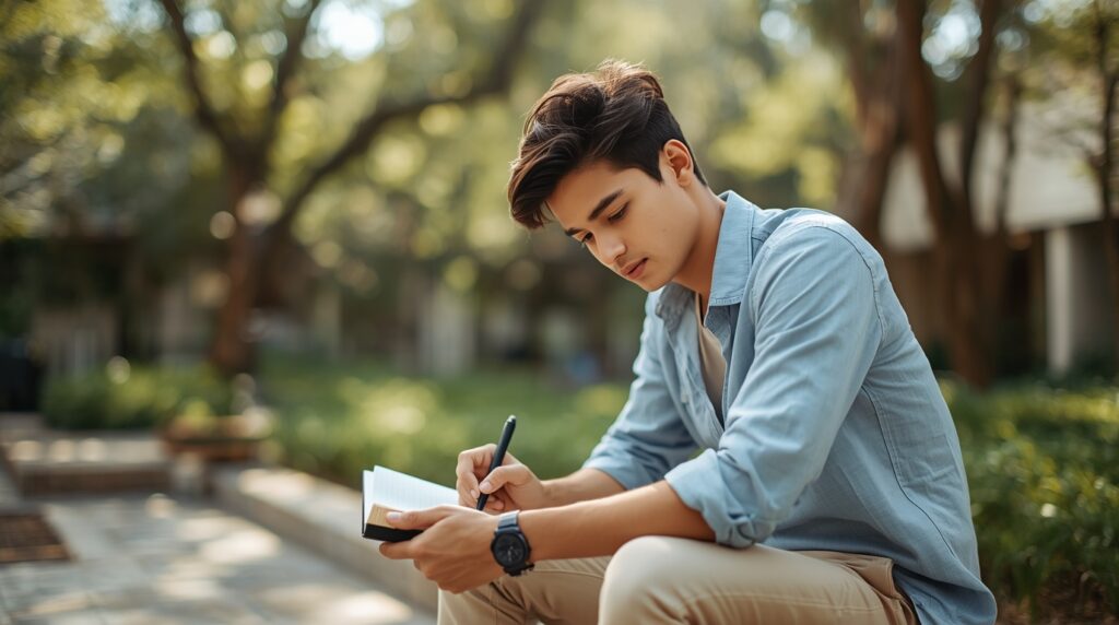Jovem estudando ao ar livre com caderno aberto — aprender a estudar de verdade com método e intenção