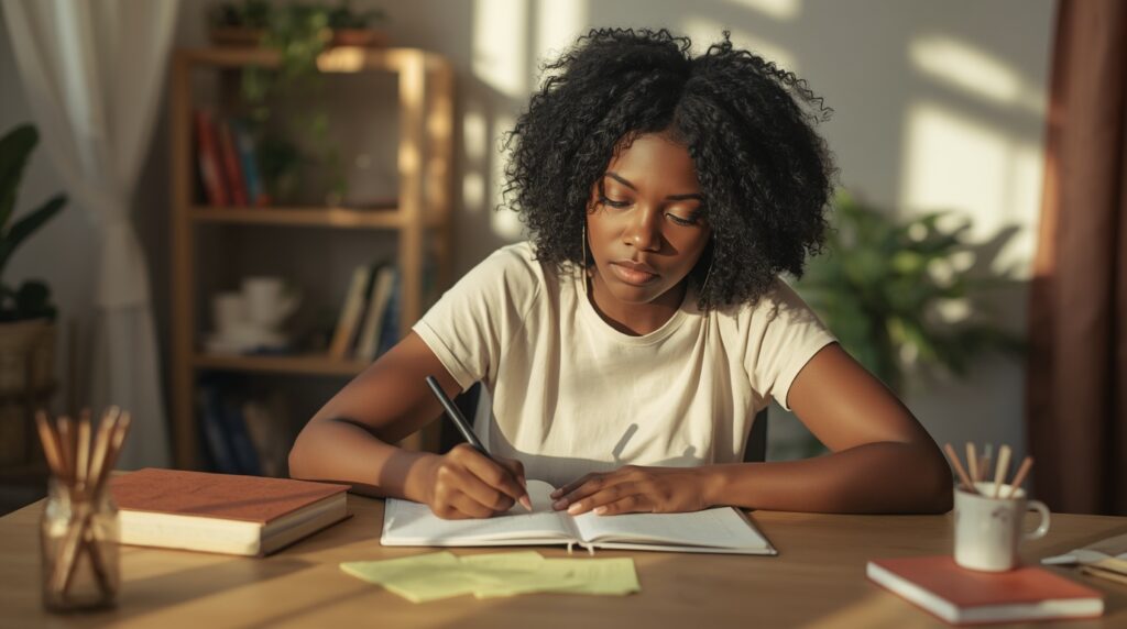 Mulher negra adulta estudando com caderno aberto — momento de reconhecimento sobre o próprio processo de aprendizado