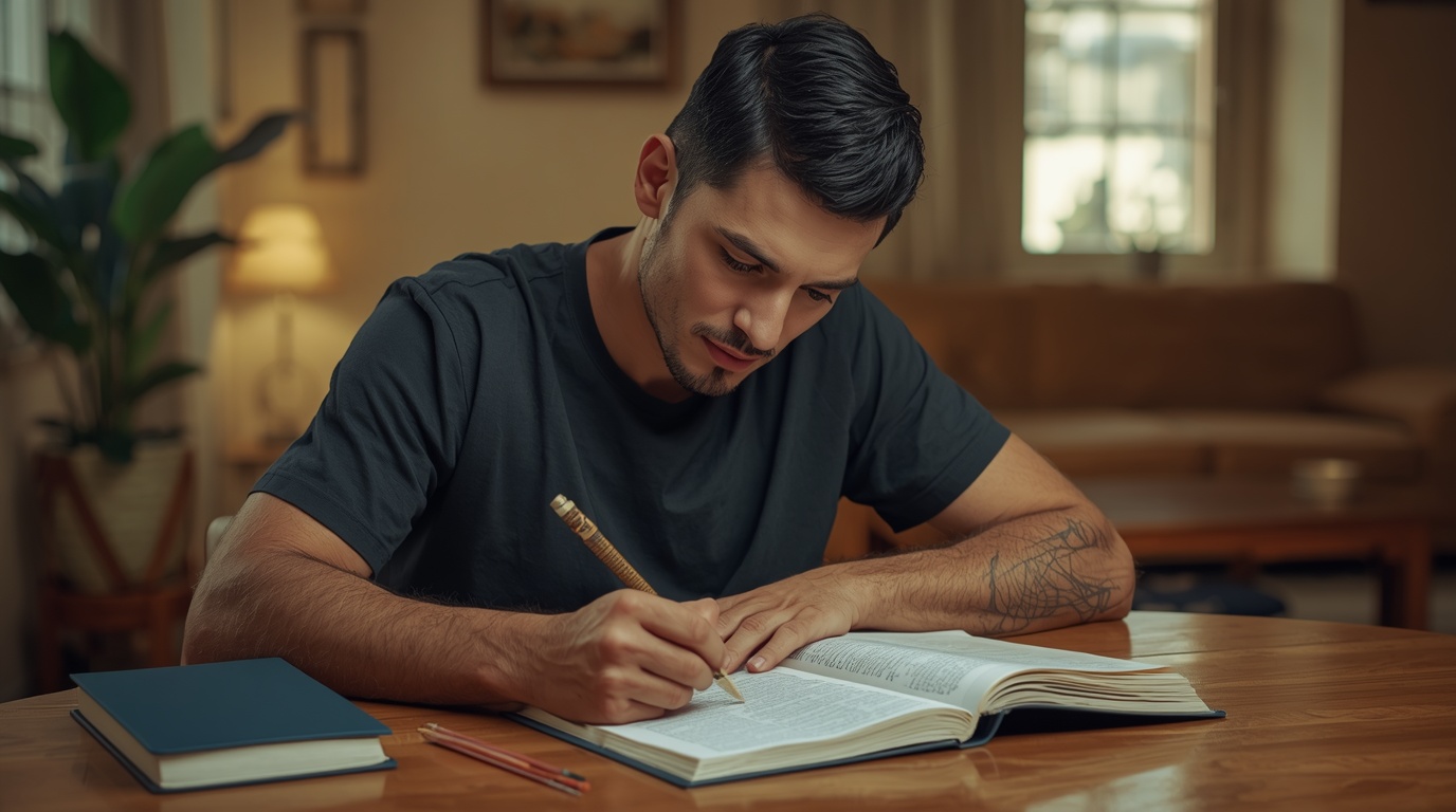 Homem pardo adulto estudando com caderno aberto — estudar sem aprender a estudar