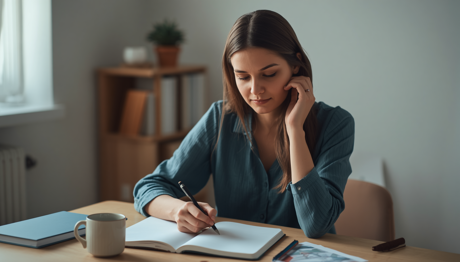 Mulher estudando em ambiente de estudo produtivo, mesa doméstica simples