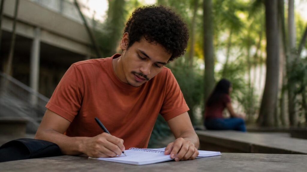 Estudante em ambiente de estudo produtivo ao ar livre, pátio universitário