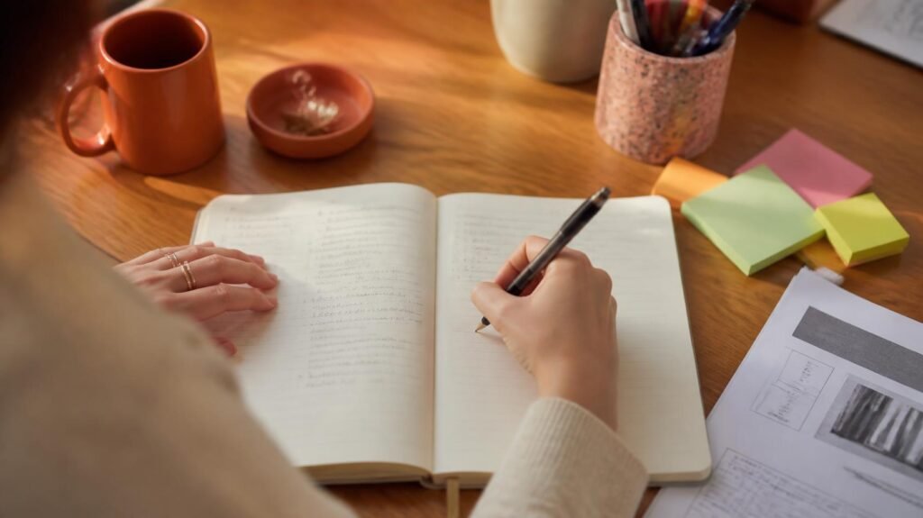 Autonomia nos estudos: mãos escrevendo em caderno, prática ativa de revisão
