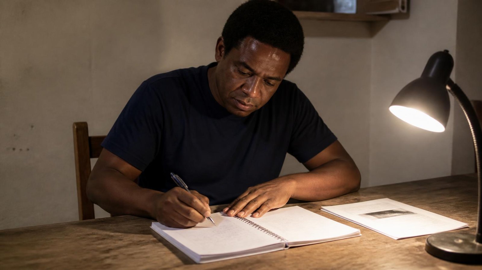 Autonomia nos estudos: homem estudando sozinho à noite, à luz de luminária.